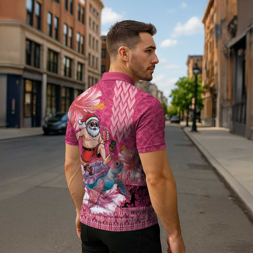 Hawaii Mele Kalikimaka Zipper Polo Shirt Funny Santa with Tribal Tattoos Kakau Pink Color - Polynesian Pride