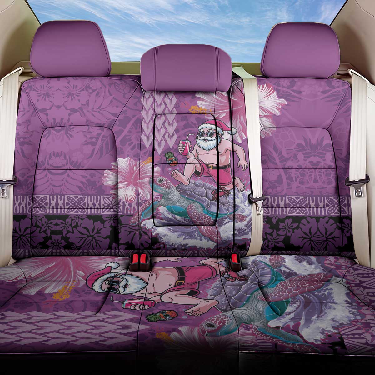 Hawaii Mele Kalikimaka Back Car Seat Cover Funny Santa with Tribal Tattoos Kakau Purple Color - Polynesian Pride