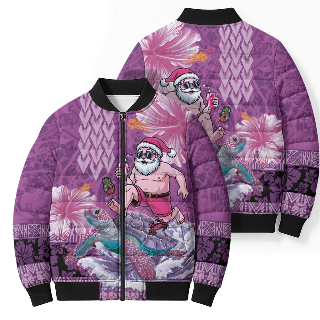 Hawaii Mele Kalikimaka Bomber Puffer Jacket Funny Santa with Tribal Tattoos Kakau Purple Color - Polynesian Pride