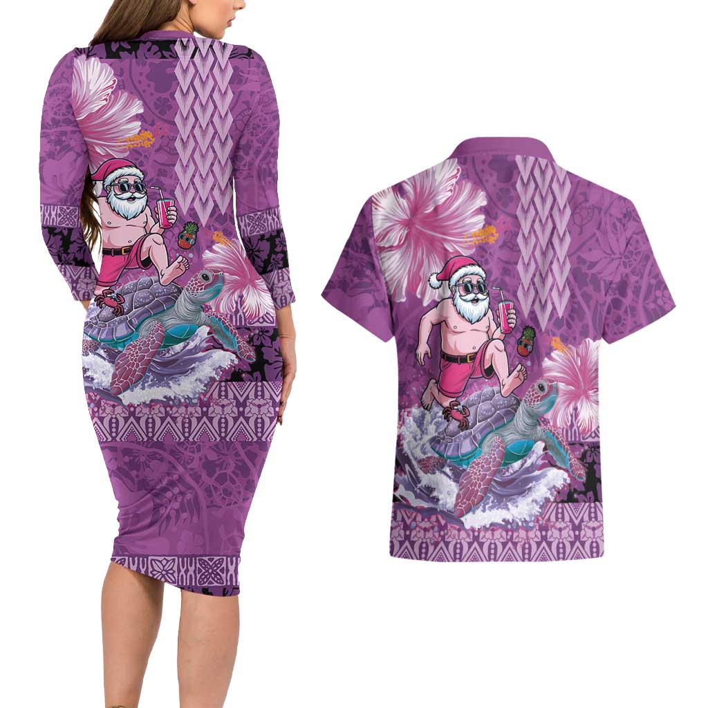 Hawaii Mele Kalikimaka Couples Matching Long Sleeve Bodycon Dress and Hawaiian Shirt Funny Santa with Tribal Tattoos Kakau Purple Color - Polynesian Pride
