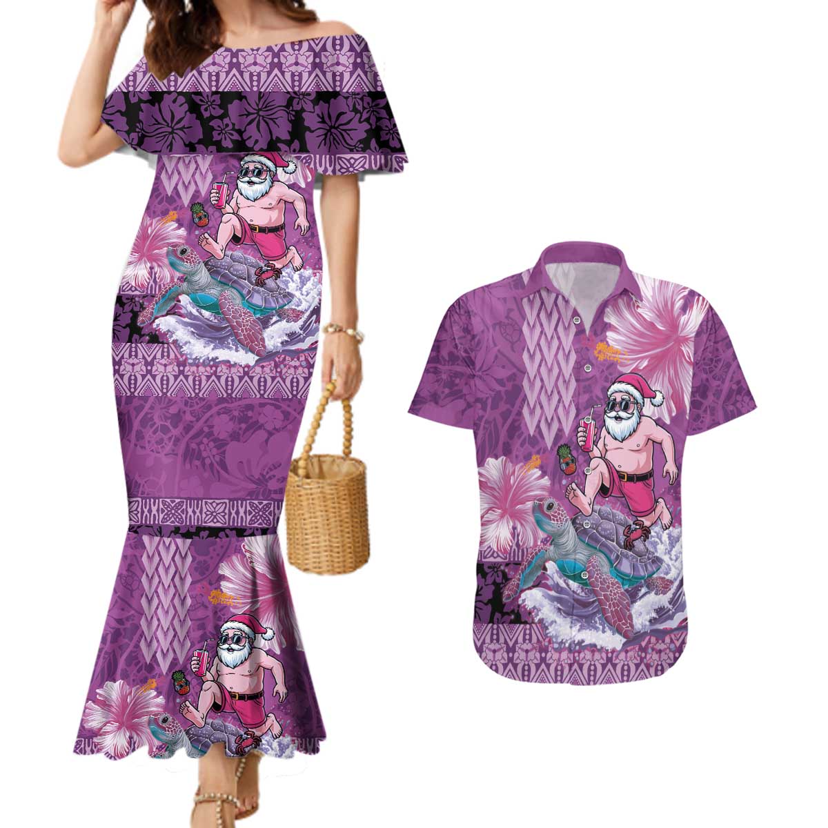 Hawaii Mele Kalikimaka Couples Matching Mermaid Dress and Hawaiian Shirt Funny Santa with Tribal Tattoos Kakau Purple Color - Polynesian Pride