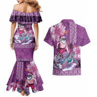 Hawaii Mele Kalikimaka Couples Matching Mermaid Dress and Hawaiian Shirt Funny Santa with Tribal Tattoos Kakau Purple Color - Polynesian Pride