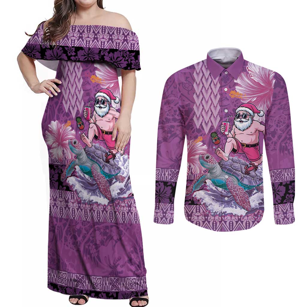 Hawaii Mele Kalikimaka Couples Matching Off Shoulder Maxi Dress and Long Sleeve Button Shirt Funny Santa with Tribal Tattoos Kakau Purple Color - Polynesian Pride