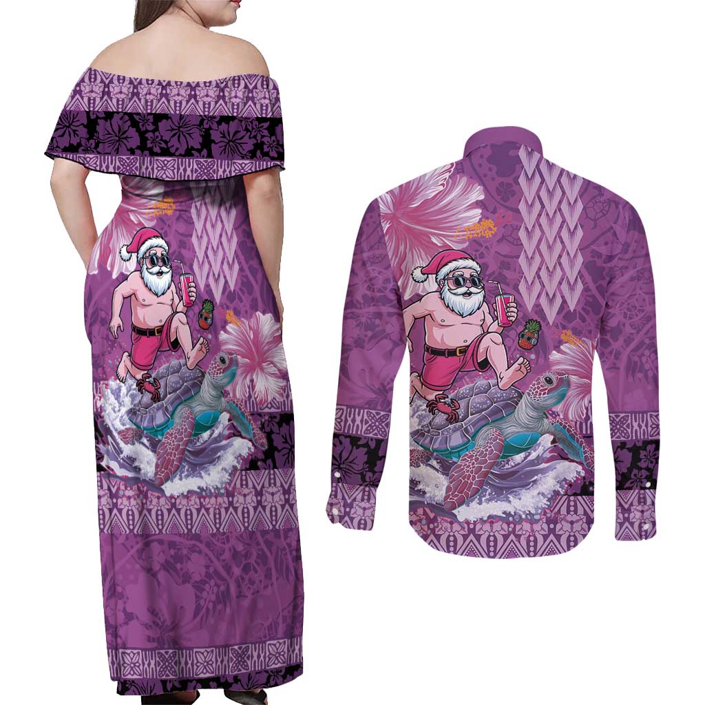 Hawaii Mele Kalikimaka Couples Matching Off Shoulder Maxi Dress and Long Sleeve Button Shirt Funny Santa with Tribal Tattoos Kakau Purple Color - Polynesian Pride