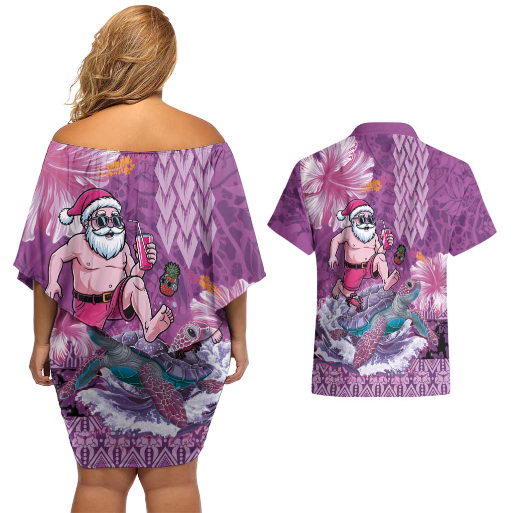 Hawaii Mele Kalikimaka Couples Matching Off Shoulder Short Dress and Hawaiian Shirt Funny Santa with Tribal Tattoos Kakau Purple Color - Polynesian Pride