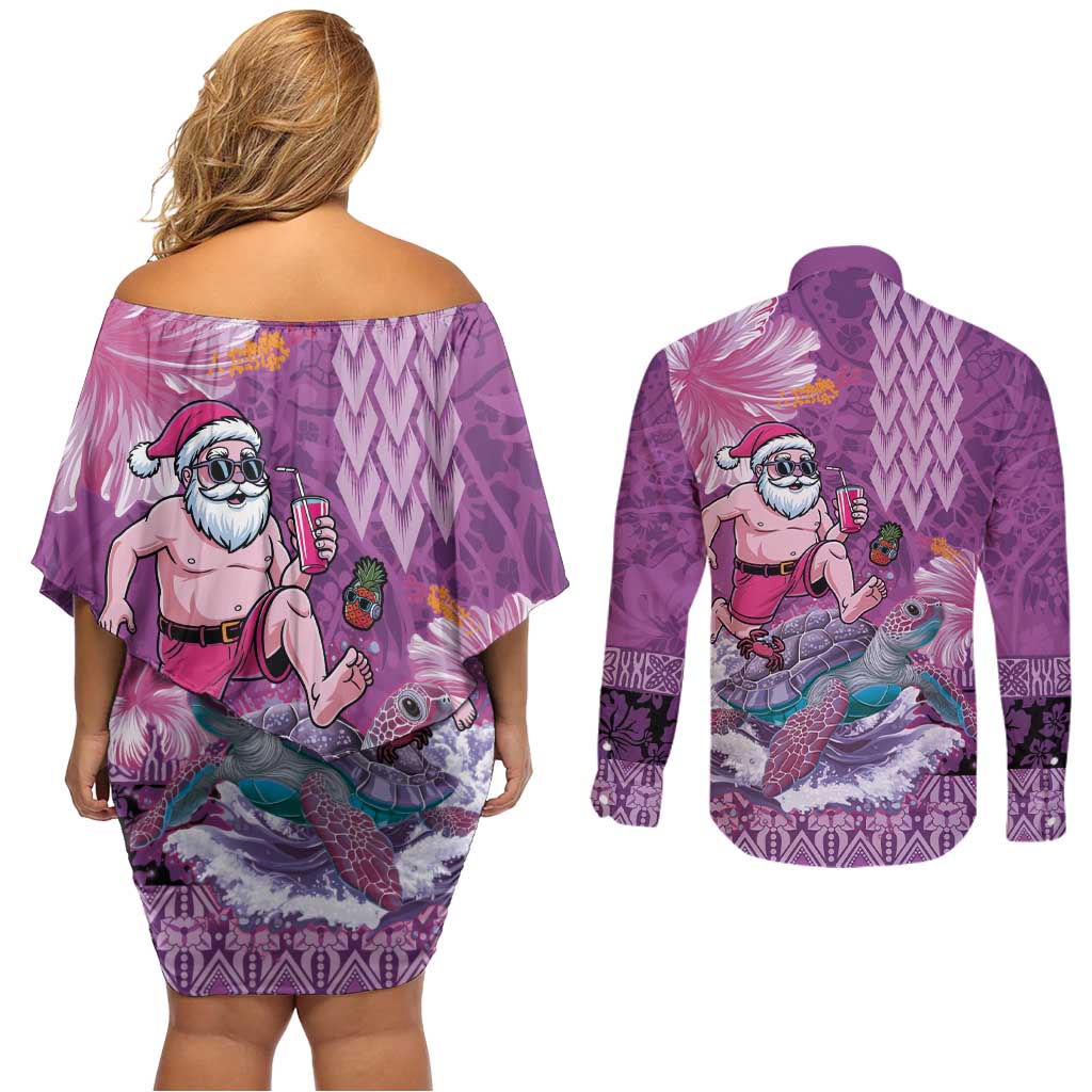 Hawaii Mele Kalikimaka Couples Matching Off Shoulder Short Dress and Long Sleeve Button Shirt Funny Santa with Tribal Tattoos Kakau Purple Color - Polynesian Pride