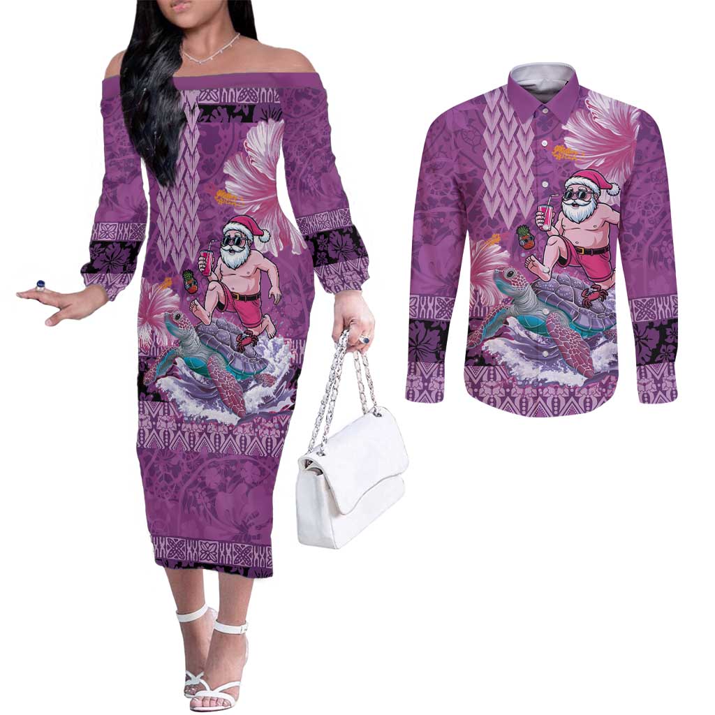 Hawaii Mele Kalikimaka Couples Matching Off The Shoulder Long Sleeve Dress and Long Sleeve Button Shirt Funny Santa with Tribal Tattoos Kakau Purple Color - Polynesian Pride