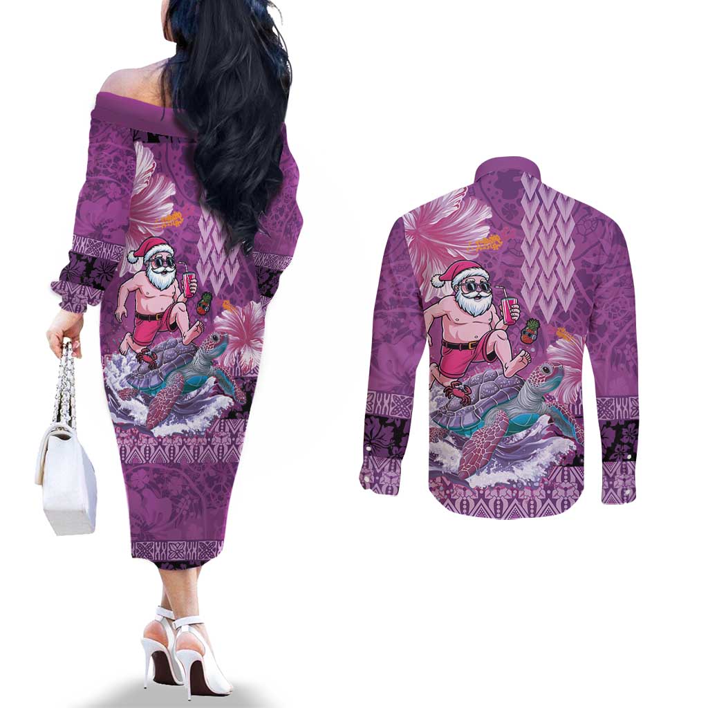 Hawaii Mele Kalikimaka Couples Matching Off The Shoulder Long Sleeve Dress and Long Sleeve Button Shirt Funny Santa with Tribal Tattoos Kakau Purple Color - Polynesian Pride