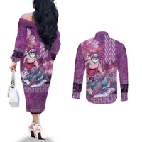 Hawaii Mele Kalikimaka Couples Matching Off The Shoulder Long Sleeve Dress and Long Sleeve Button Shirt Funny Santa with Tribal Tattoos Kakau Purple Color - Polynesian Pride