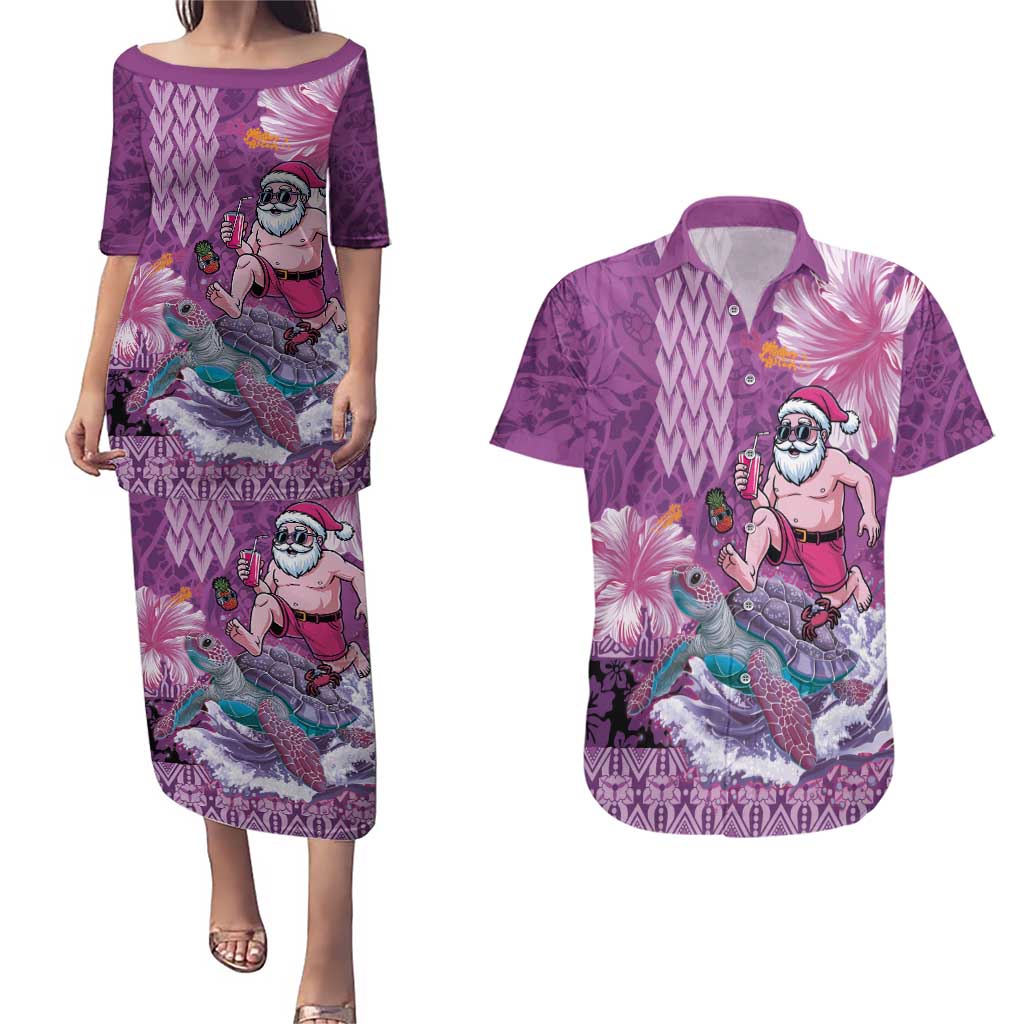 Hawaii Mele Kalikimaka Couples Matching Puletasi and Hawaiian Shirt Funny Santa with Tribal Tattoos Kakau Purple Color - Polynesian Pride