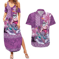 Hawaii Mele Kalikimaka Couples Matching Summer Maxi Dress and Hawaiian Shirt Funny Santa with Tribal Tattoos Kakau Purple Color LT03 Purple - Polynesian Pride