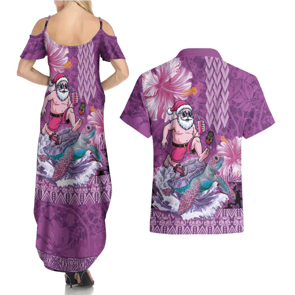 Hawaii Mele Kalikimaka Couples Matching Summer Maxi Dress and Hawaiian Shirt Funny Santa with Tribal Tattoos Kakau Purple Color LT03 - Polynesian Pride