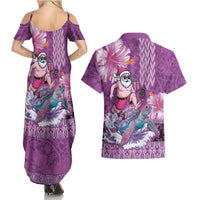 Hawaii Mele Kalikimaka Couples Matching Summer Maxi Dress and Hawaiian Shirt Funny Santa with Tribal Tattoos Kakau Purple Color LT03 - Polynesian Pride