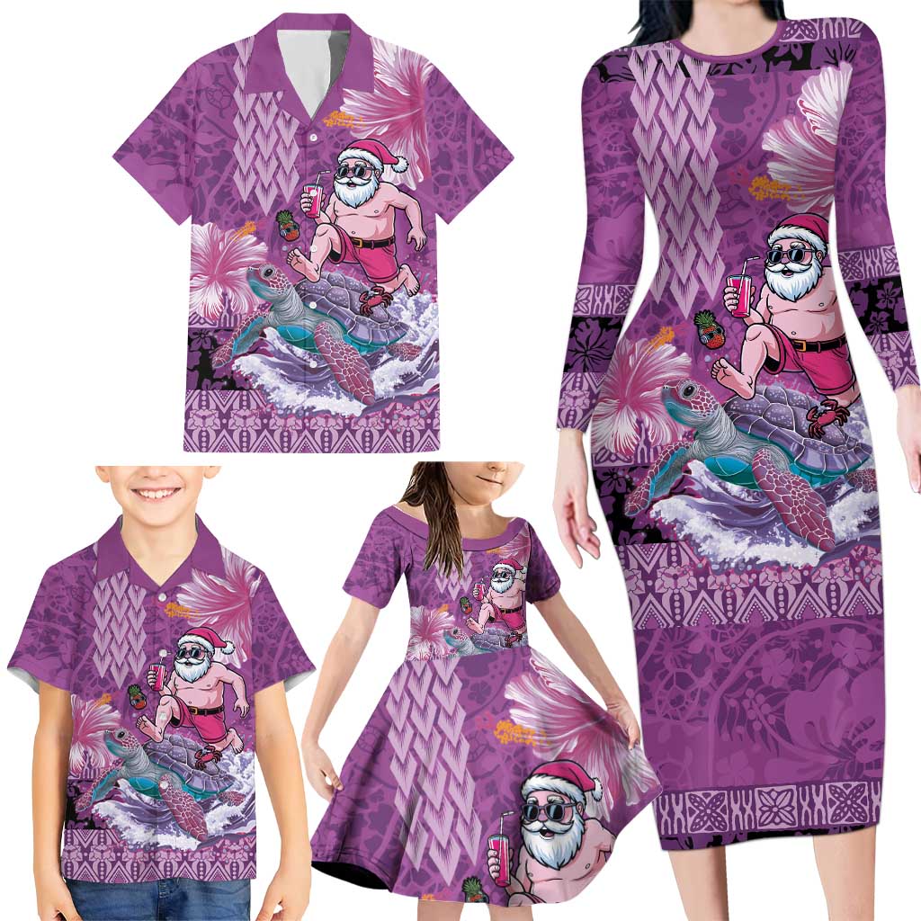 Hawaii Mele Kalikimaka Family Matching Long Sleeve Bodycon Dress and Hawaiian Shirt Funny Santa with Tribal Tattoos Kakau Purple Color - Polynesian Pride