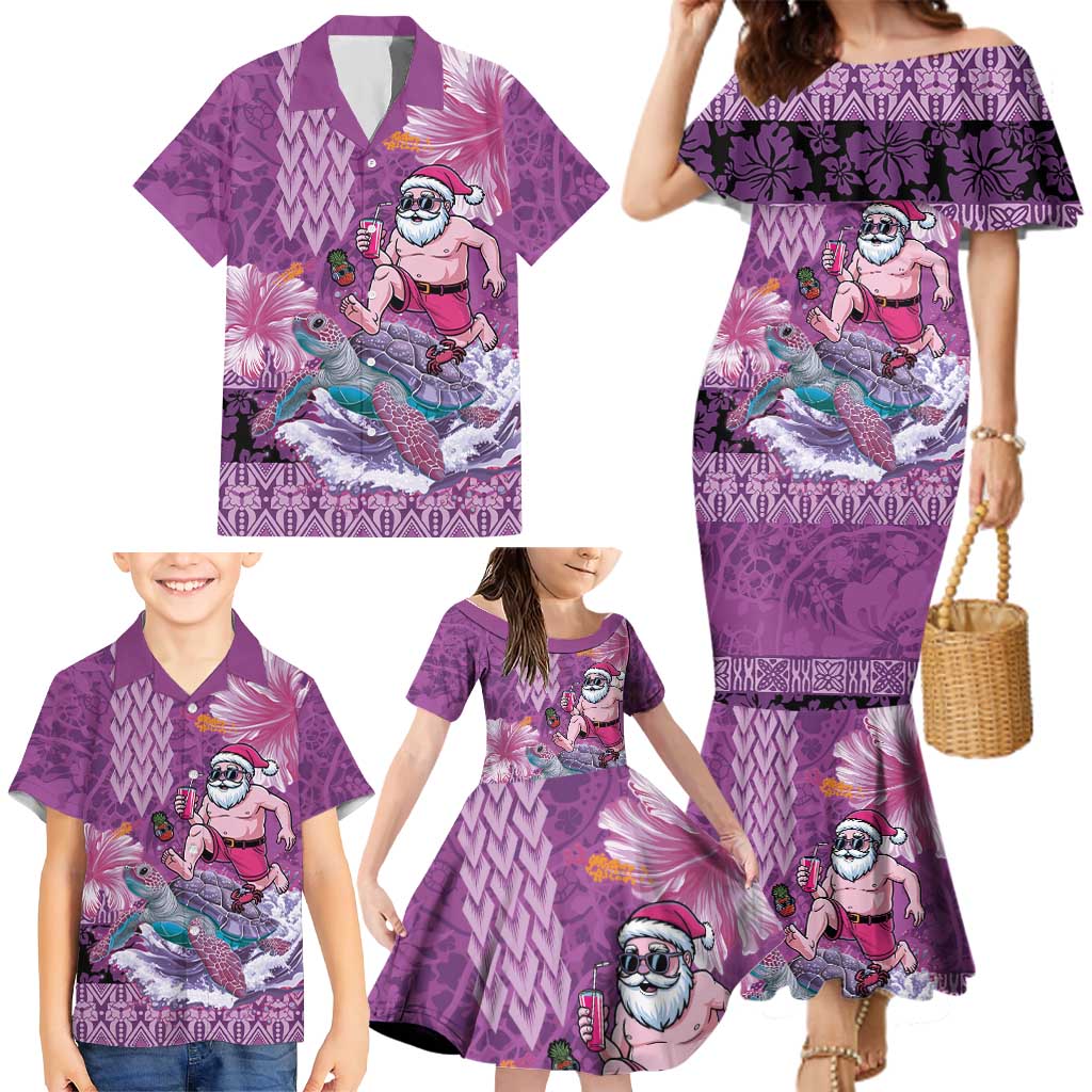 Hawaii Mele Kalikimaka Family Matching Mermaid Dress and Hawaiian Shirt Funny Santa with Tribal Tattoos Kakau Purple Color - Polynesian Pride