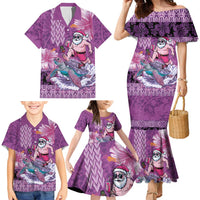 Hawaii Mele Kalikimaka Family Matching Mermaid Dress and Hawaiian Shirt Funny Santa with Tribal Tattoos Kakau Purple Color - Polynesian Pride