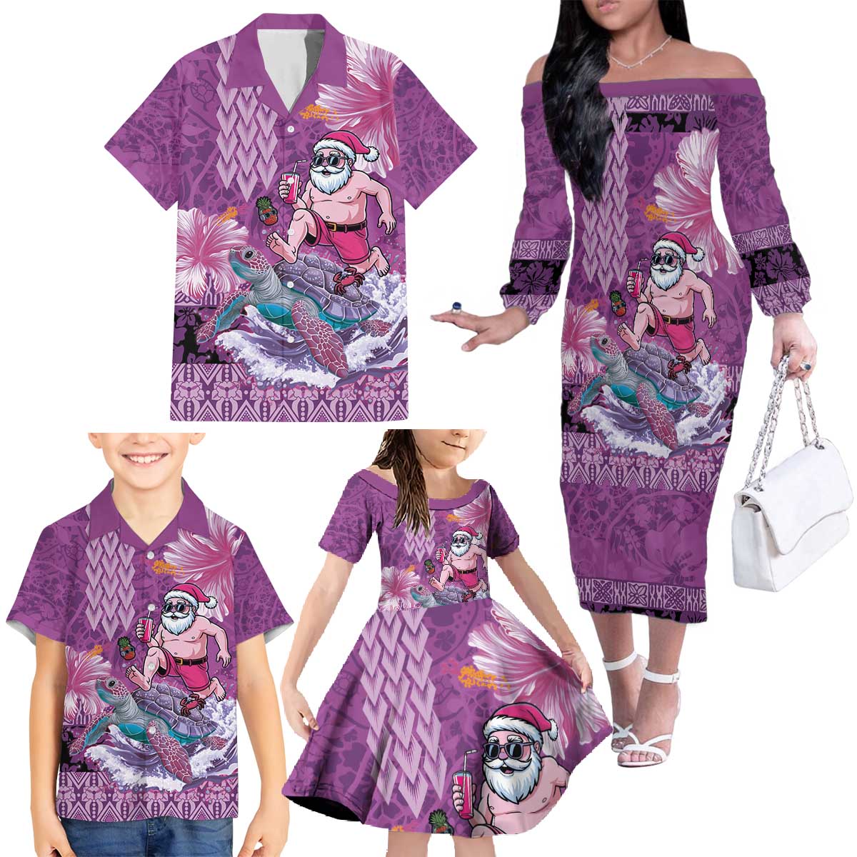 Hawaii Mele Kalikimaka Family Matching Off The Shoulder Long Sleeve Dress and Hawaiian Shirt Funny Santa with Tribal Tattoos Kakau Purple Color - Polynesian Pride