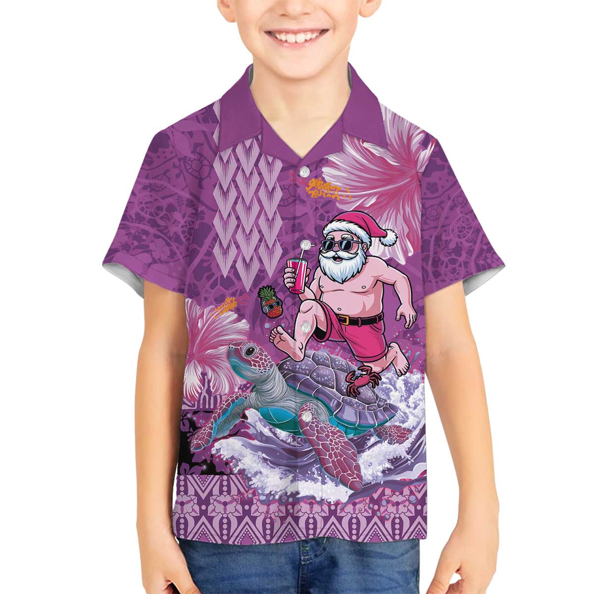 Hawaii Mele Kalikimaka Family Matching Off The Shoulder Long Sleeve Dress and Hawaiian Shirt Funny Santa with Tribal Tattoos Kakau Purple Color - Polynesian Pride