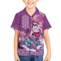 Hawaii Mele Kalikimaka Family Matching Off The Shoulder Long Sleeve Dress and Hawaiian Shirt Funny Santa with Tribal Tattoos Kakau Purple Color - Polynesian Pride