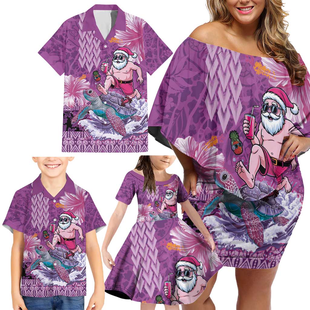 Hawaii Mele Kalikimaka Family Matching Off Shoulder Short Dress and Hawaiian Shirt Funny Santa with Tribal Tattoos Kakau Purple Color - Polynesian Pride