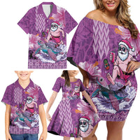 Hawaii Mele Kalikimaka Family Matching Off Shoulder Short Dress and Hawaiian Shirt Funny Santa with Tribal Tattoos Kakau Purple Color - Polynesian Pride