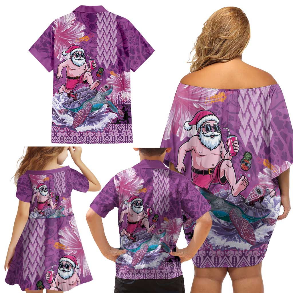 Hawaii Mele Kalikimaka Family Matching Off Shoulder Short Dress and Hawaiian Shirt Funny Santa with Tribal Tattoos Kakau Purple Color - Polynesian Pride