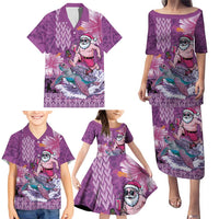 Hawaii Mele Kalikimaka Family Matching Puletasi and Hawaiian Shirt Funny Santa with Tribal Tattoos Kakau Purple Color - Polynesian Pride