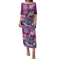 Hawaii Mele Kalikimaka Family Matching Puletasi and Hawaiian Shirt Funny Santa with Tribal Tattoos Kakau Purple Color - Polynesian Pride