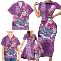 Hawaii Mele Kalikimaka Family Matching Short Sleeve Bodycon Dress and Hawaiian Shirt Funny Santa with Tribal Tattoos Kakau Purple Color - Polynesian Pride