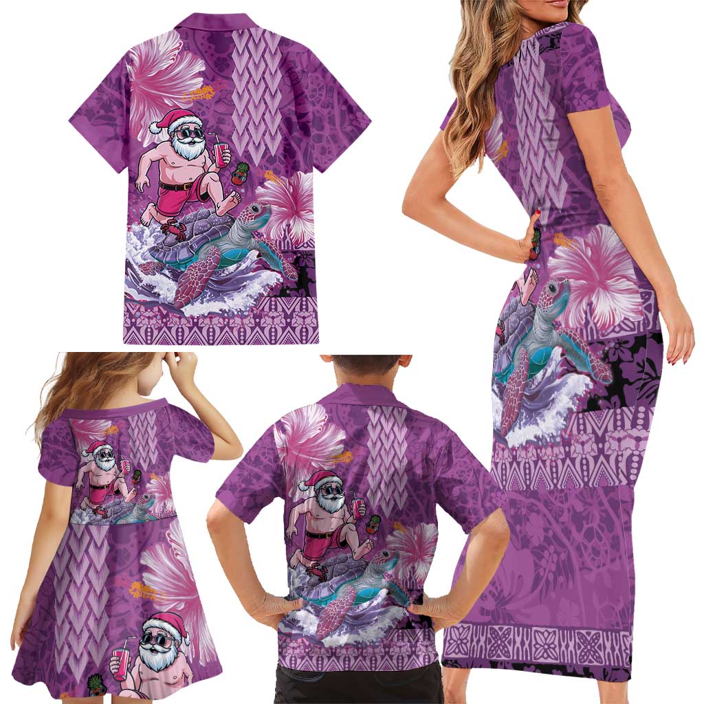 Hawaii Mele Kalikimaka Family Matching Short Sleeve Bodycon Dress and Hawaiian Shirt Funny Santa with Tribal Tattoos Kakau Purple Color - Polynesian Pride