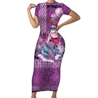 Hawaii Mele Kalikimaka Family Matching Short Sleeve Bodycon Dress and Hawaiian Shirt Funny Santa with Tribal Tattoos Kakau Purple Color - Polynesian Pride