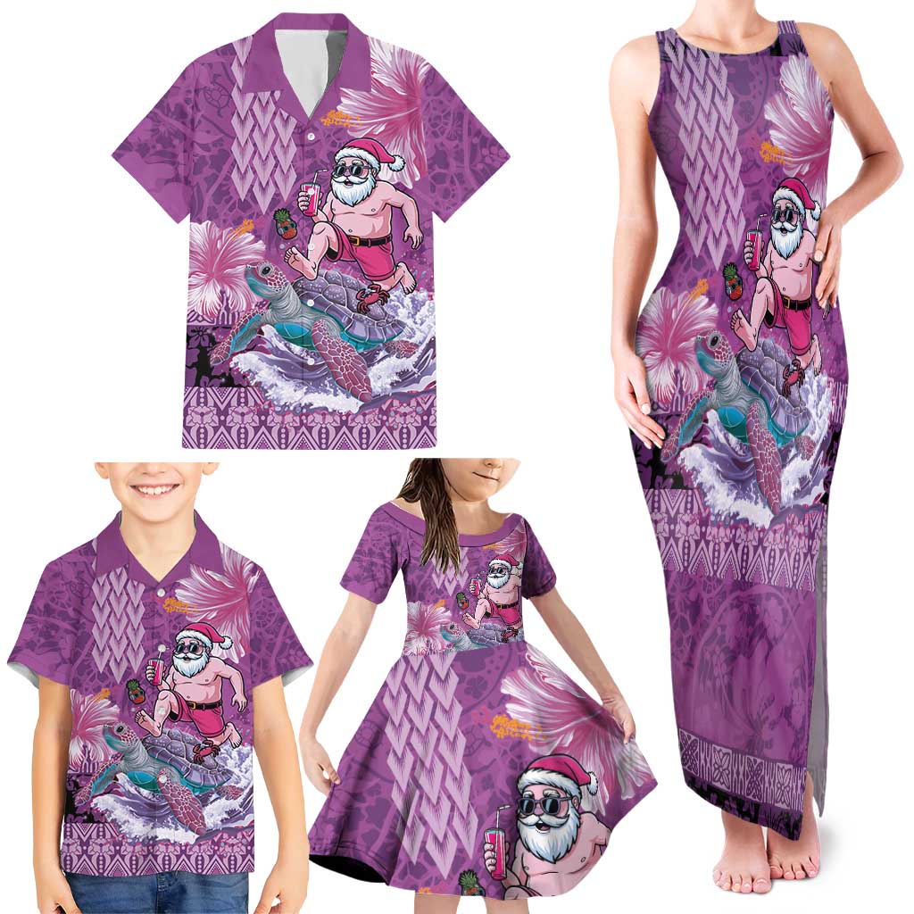 Hawaii Mele Kalikimaka Family Matching Tank Maxi Dress and Hawaiian Shirt Funny Santa with Tribal Tattoos Kakau Purple Color LT03 - Polynesian Pride