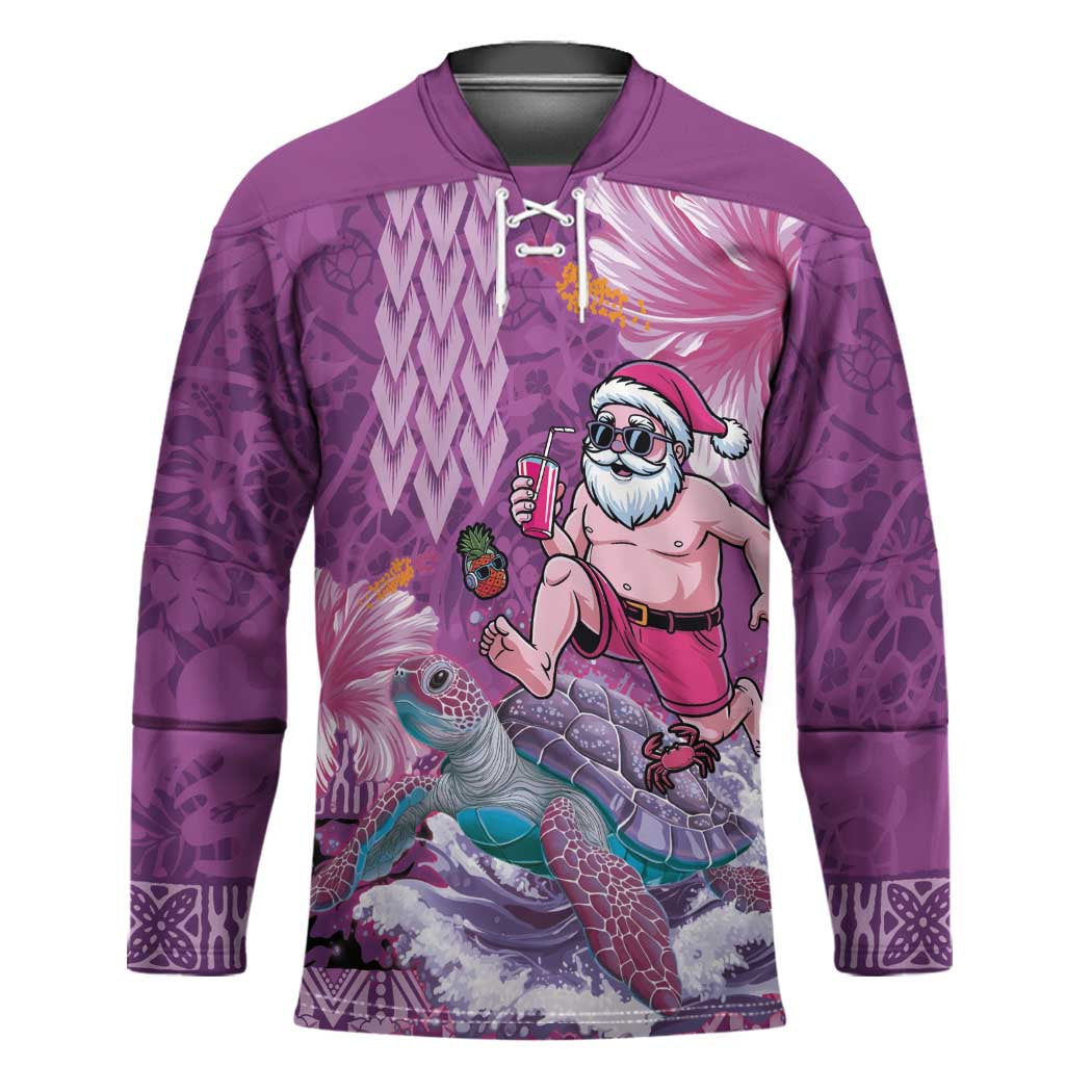 Hawaii Mele Kalikimaka Hockey Jersey Funny Santa with Tribal Tattoos Kakau Purple Color - Polynesian Pride