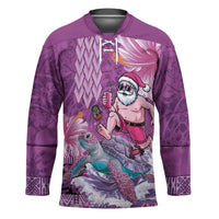 Hawaii Mele Kalikimaka Hockey Jersey Funny Santa with Tribal Tattoos Kakau Purple Color - Polynesian Pride