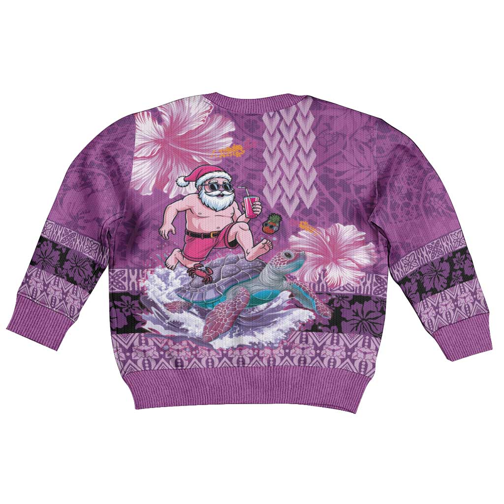 Hawaii Mele Kalikimaka Kid Ugly Christmas Sweater Funny Santa with Tribal Tattoos Kakau Purple Color - Polynesian Pride