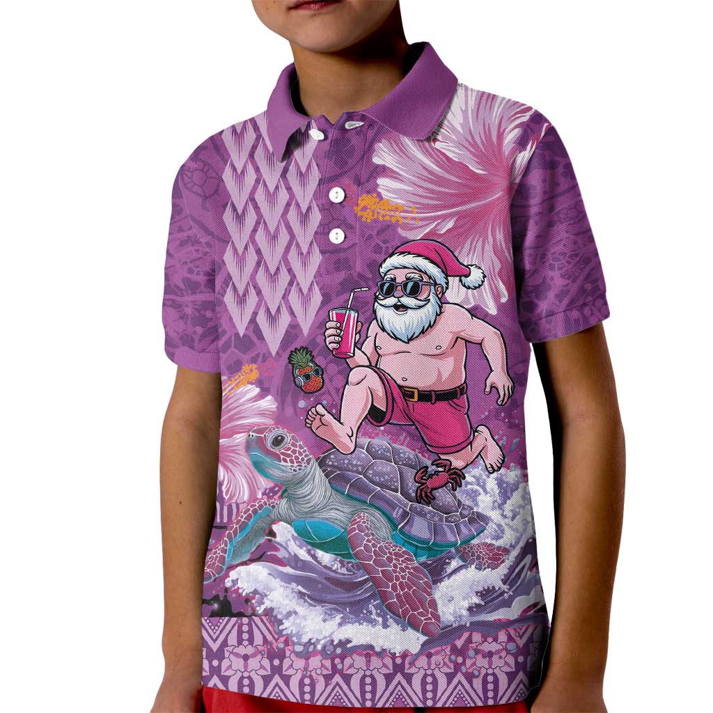 Hawaii Mele Kalikimaka Kid Polo Shirt Funny Santa with Tribal Tattoos Kakau Purple Color - Polynesian Pride