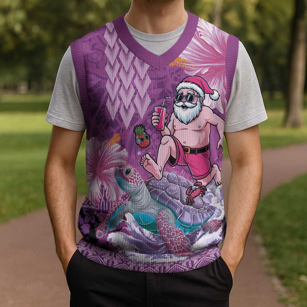 Hawaii Mele Kalikimaka Christmas Knitted V-Neck Vest Funny Santa with Tribal Tattoos Kakau Purple Color - Polynesian Pride