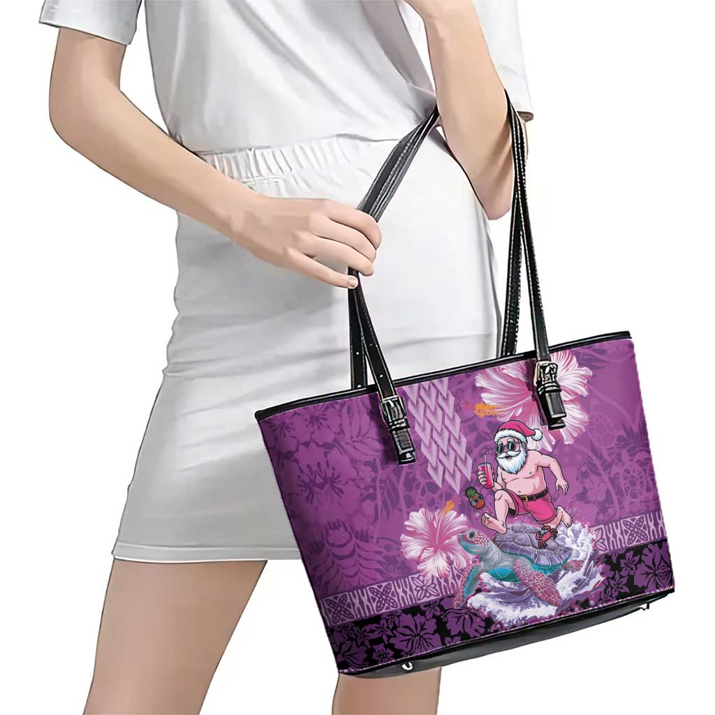 Hawaii Mele Kalikimaka Leather Tote Bag Funny Santa with Tribal Tattoos Kakau Purple Color - Polynesian Pride