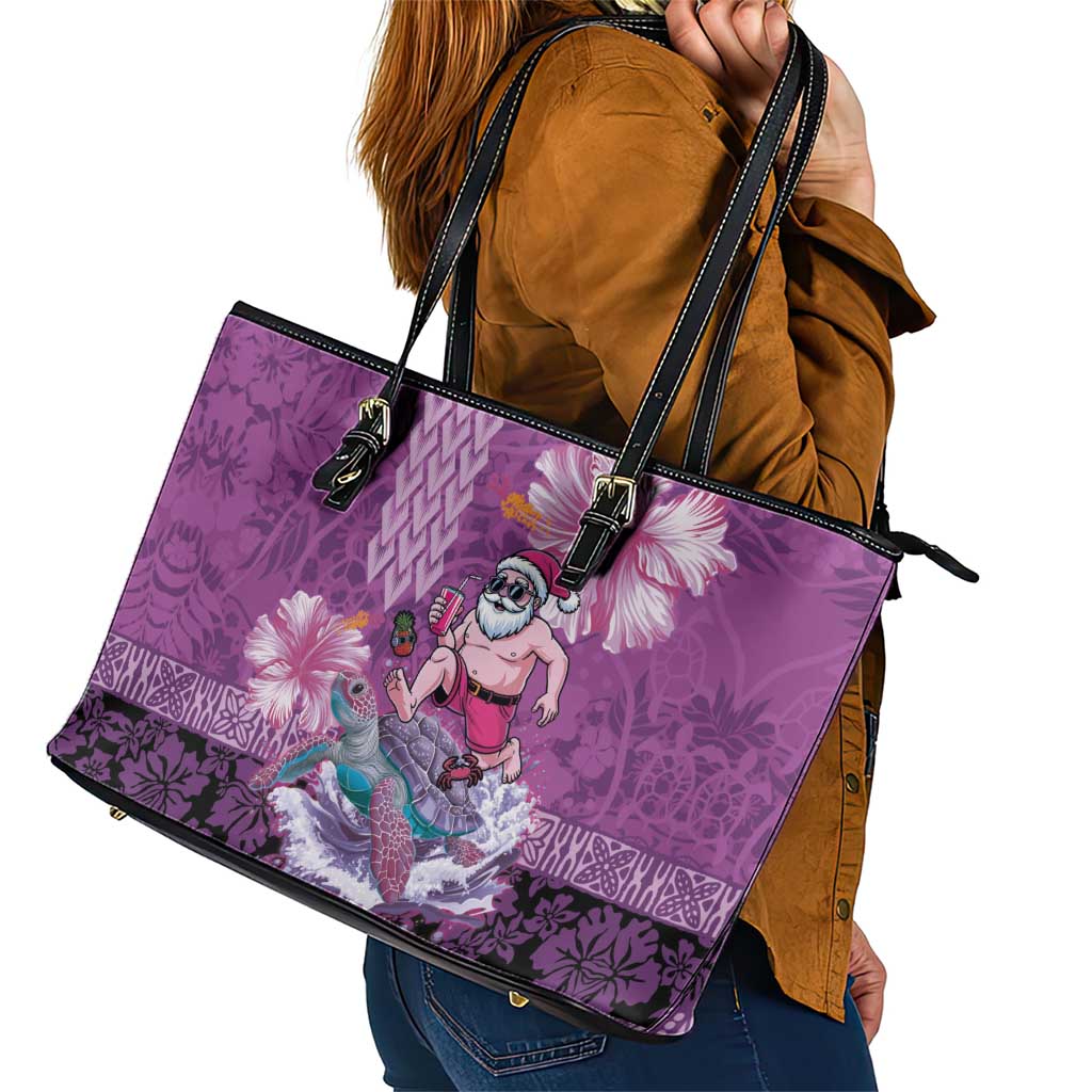 Hawaii Mele Kalikimaka Leather Tote Bag Funny Santa with Tribal Tattoos Kakau Purple Color - Polynesian Pride