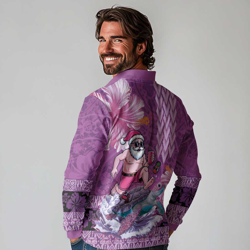 Hawaii Mele Kalikimaka Long Sleeve Polo Shirt Funny Santa with Tribal Tattoos Kakau Purple Color - Polynesian Pride
