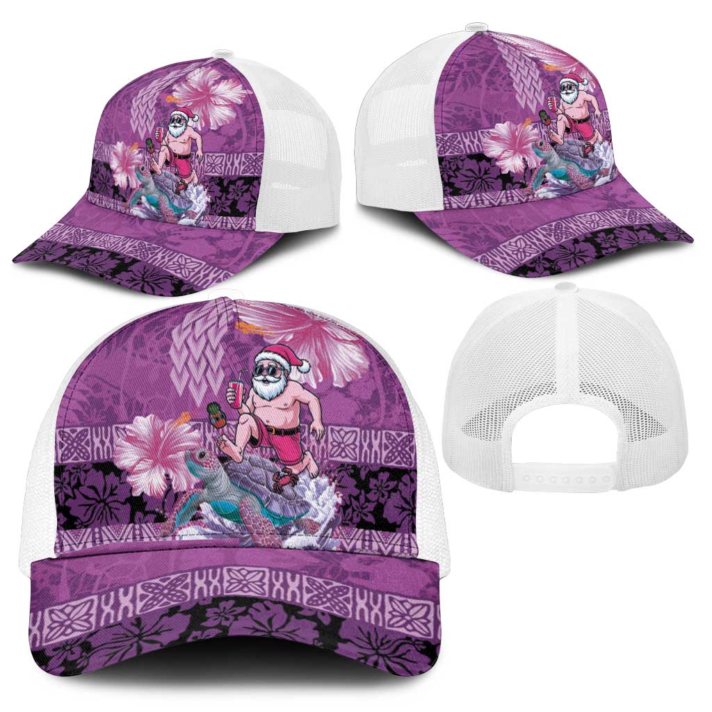 Hawaii Mele Kalikimaka Mesh Trucker Cap Funny Santa with Tribal Tattoos Kakau Purple Color - Polynesian Pride