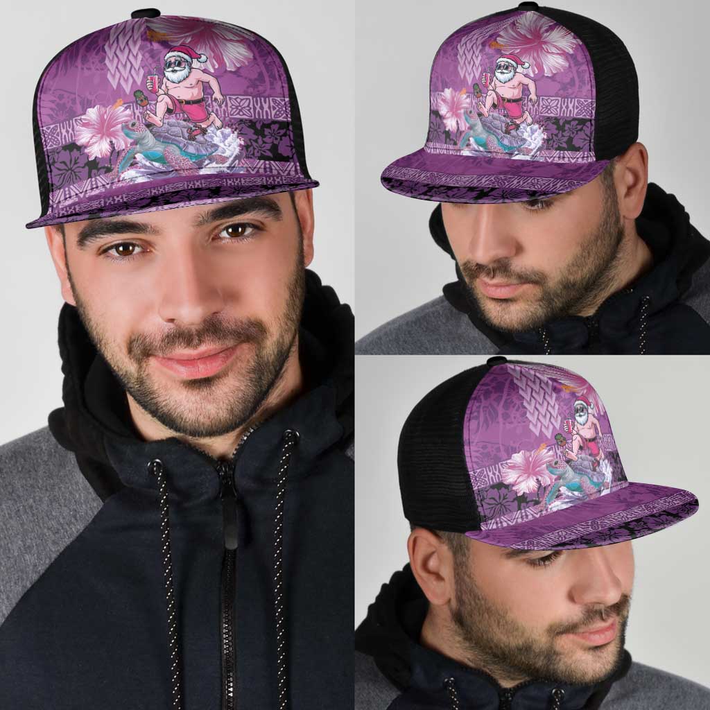 Hawaii Mele Kalikimaka Mesh Trucker Cap Funny Santa with Tribal Tattoos Kakau Purple Color - Polynesian Pride