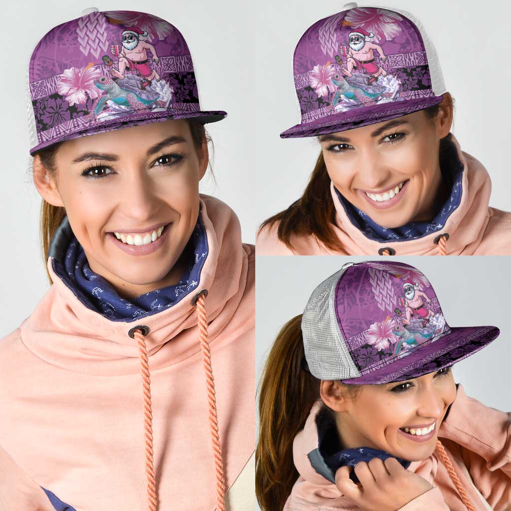 Hawaii Mele Kalikimaka Mesh Trucker Cap Funny Santa with Tribal Tattoos Kakau Purple Color - Polynesian Pride