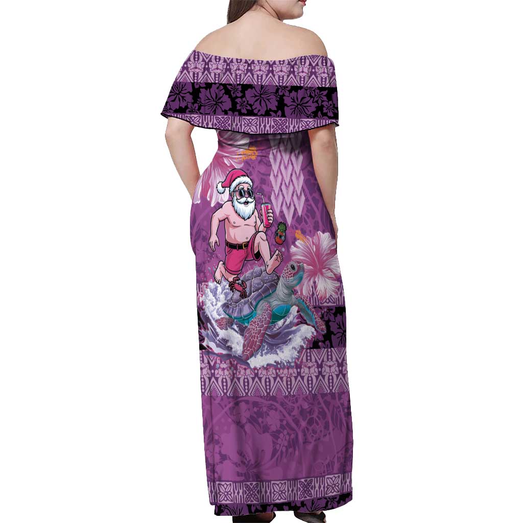 Hawaii Mele Kalikimaka Off Shoulder Maxi Dress Funny Santa with Tribal Tattoos Kakau Purple Color - Polynesian Pride
