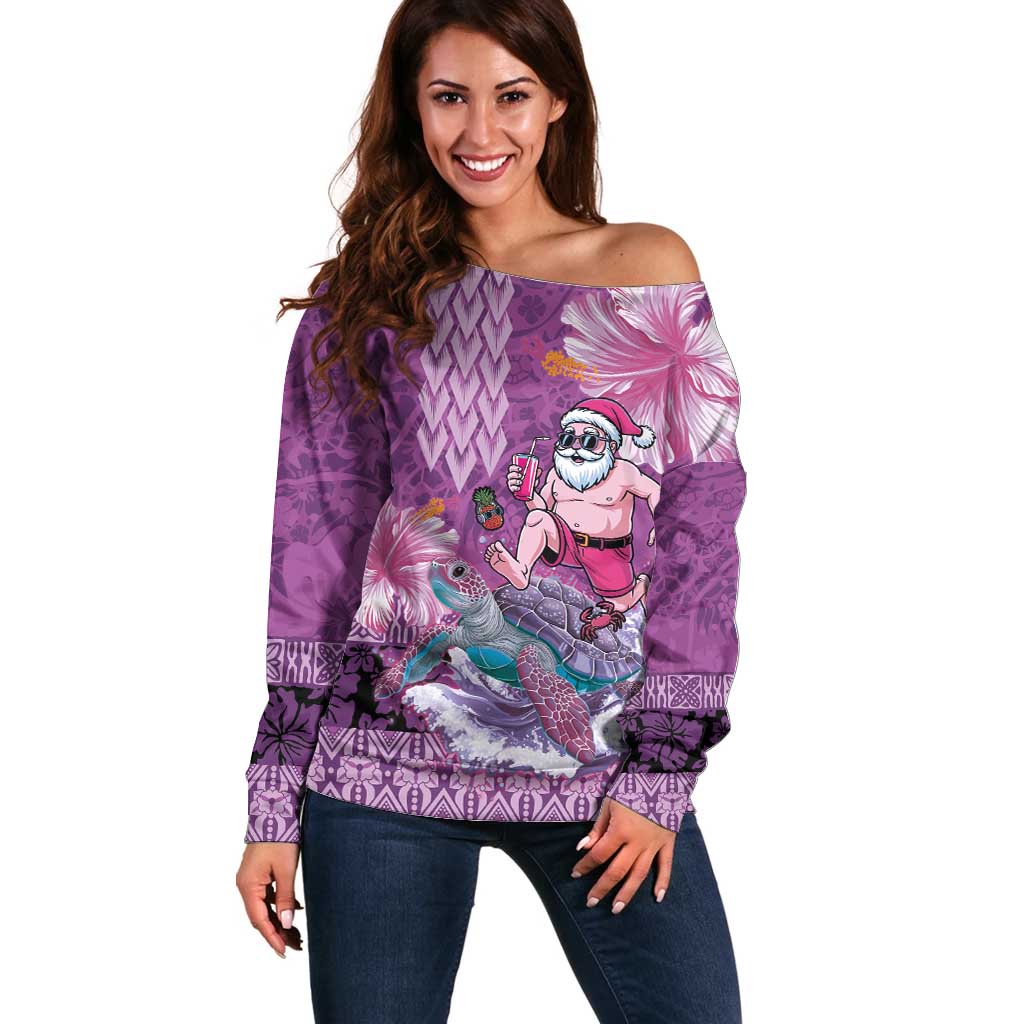 Hawaii Mele Kalikimaka Off Shoulder Sweater Funny Santa with Tribal Tattoos Kakau Purple Color - Polynesian Pride