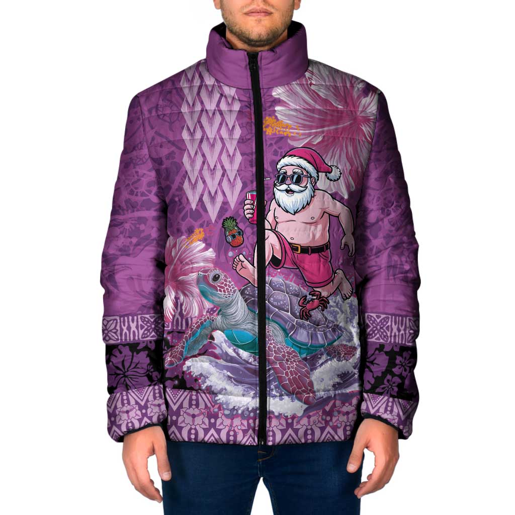 Hawaii Mele Kalikimaka Padded Jacket Funny Santa with Tribal Tattoos Kakau Purple Color - Polynesian Pride