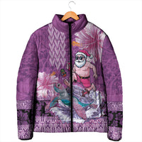 Hawaii Mele Kalikimaka Padded Jacket Funny Santa with Tribal Tattoos Kakau Purple Color - Polynesian Pride