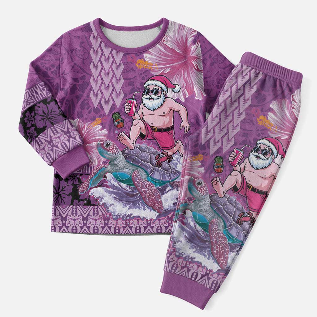 Hawaii Mele Kalikimaka Christmas Pajama Set Funny Santa with Tribal Tattoos Kakau Purple Color - Polynesian Pride