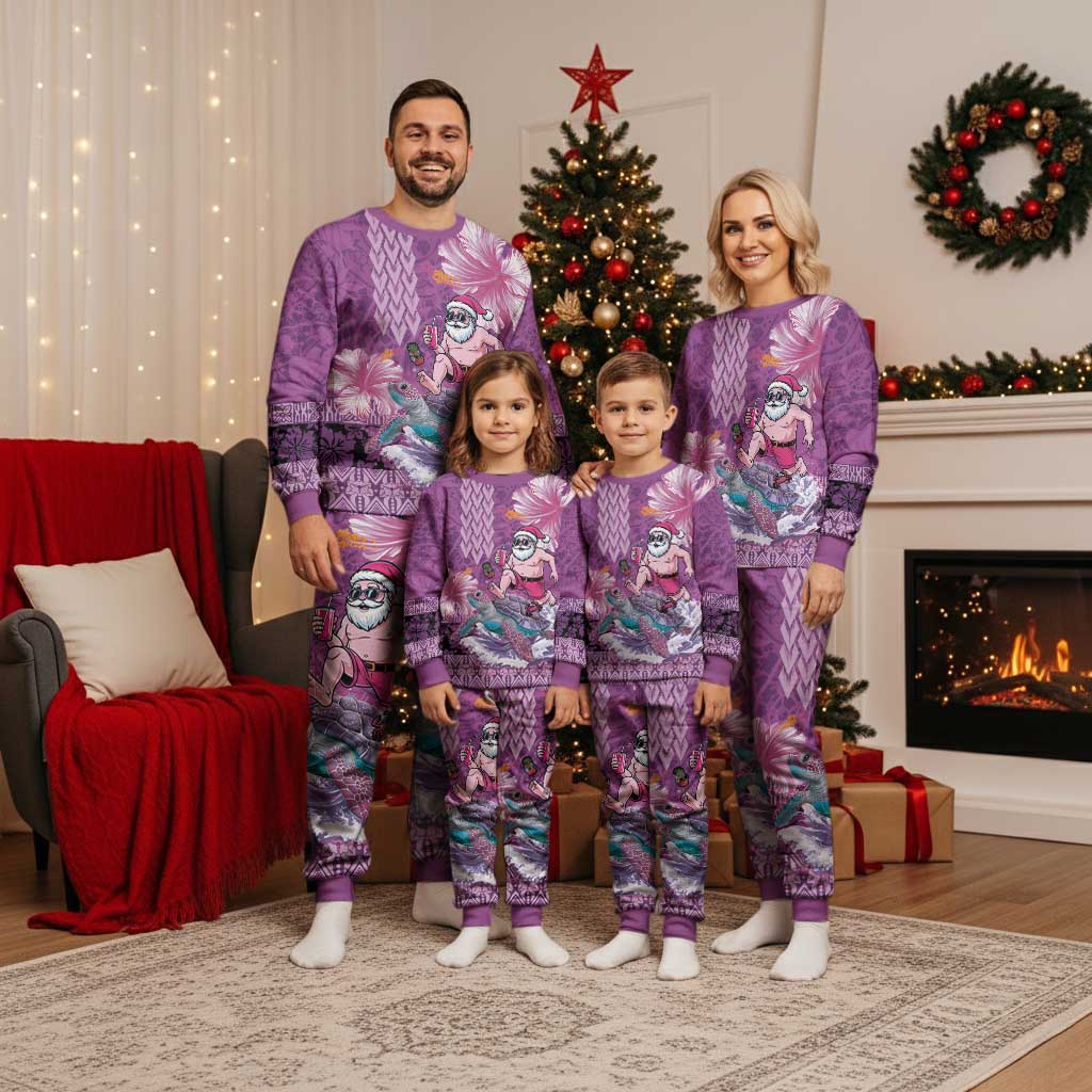 Hawaii Mele Kalikimaka Christmas Pajama Set Funny Santa with Tribal Tattoos Kakau Purple Color - Polynesian Pride