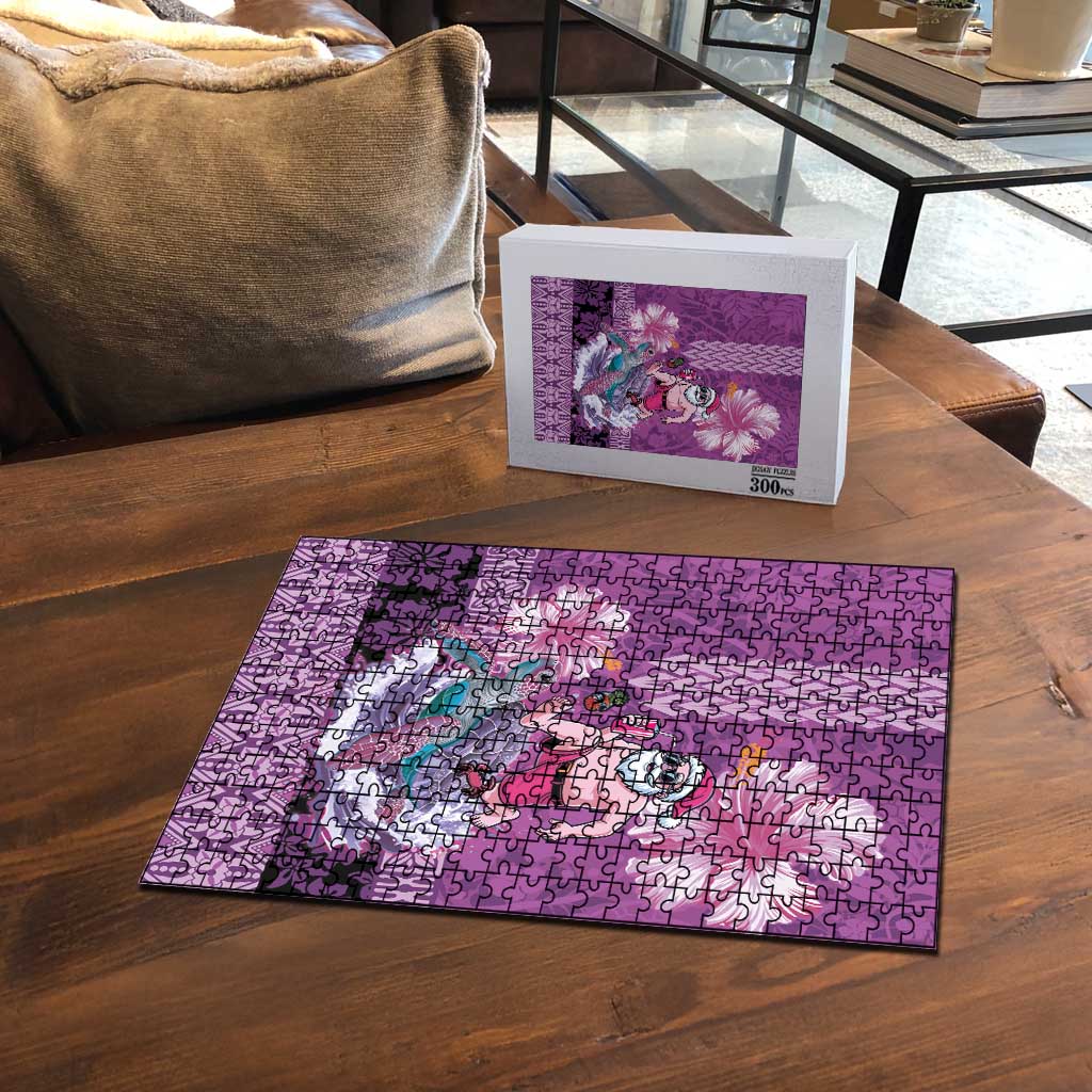Hawaii Mele Kalikimaka Puzzle Funny Santa with Tribal Tattoos Kakau Purple Color - Polynesian Pride